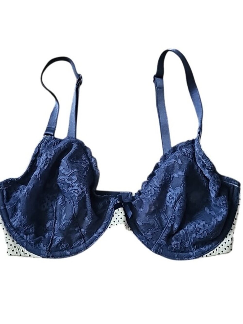 Victoria's Secret Unlined Demi Bra Size 34D Lace Cups Blue Polka Dot